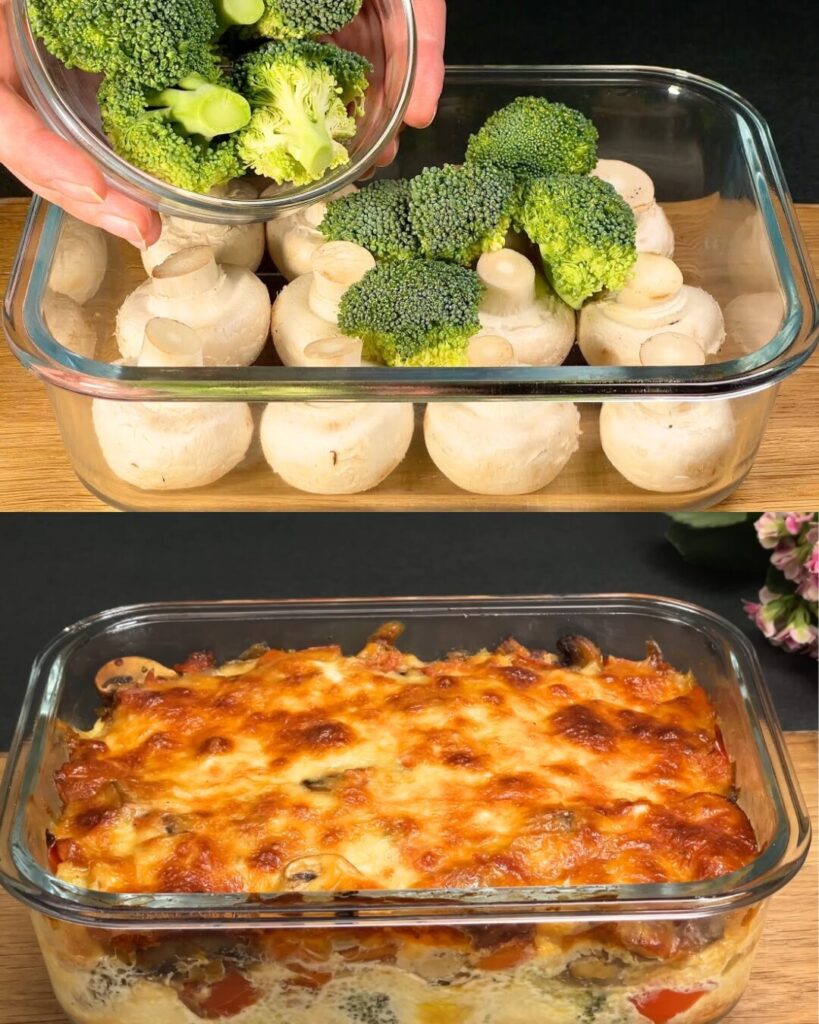 Cheesy Vegetable Casserole with Broccoli, Mushrooms, and Peppers