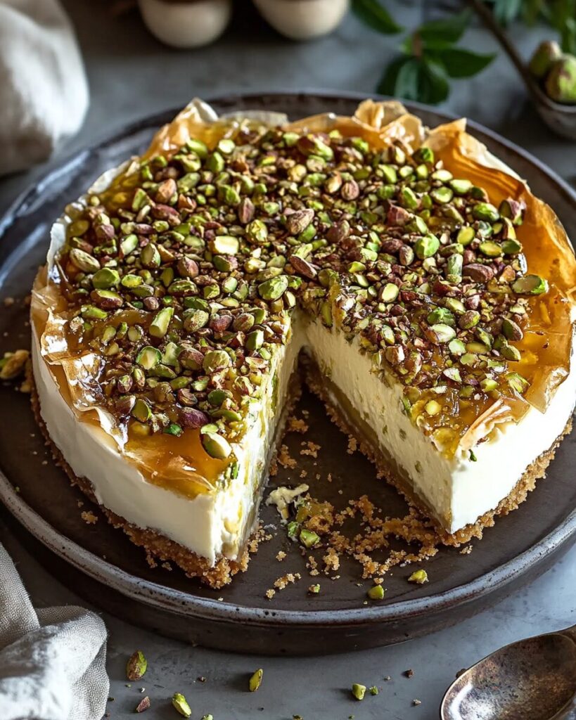 Honey Pistachio Baklava Cheesecake finished dish