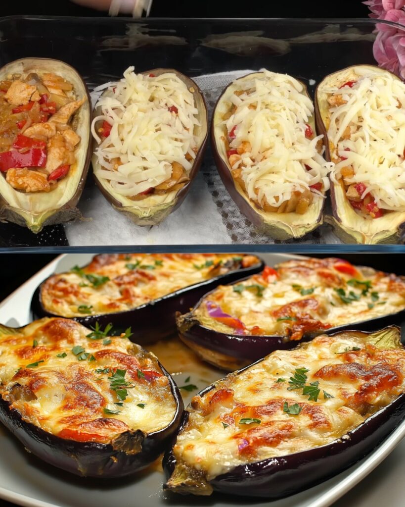 Stuffed Eggplants with Chicken, Mushrooms, and Cheese