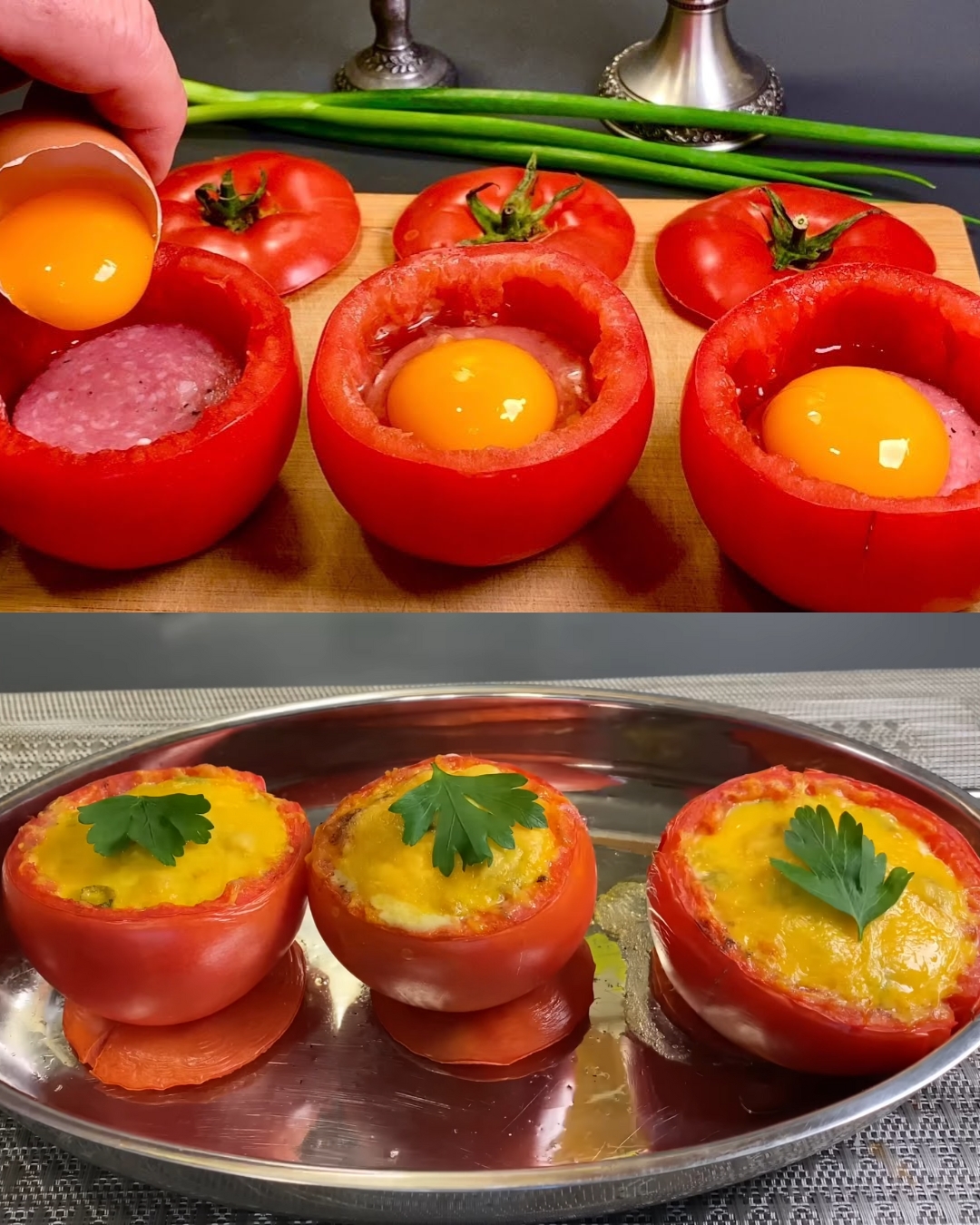 Cheesy Baked Stuffed Tomatoes with Eggs and Sausage