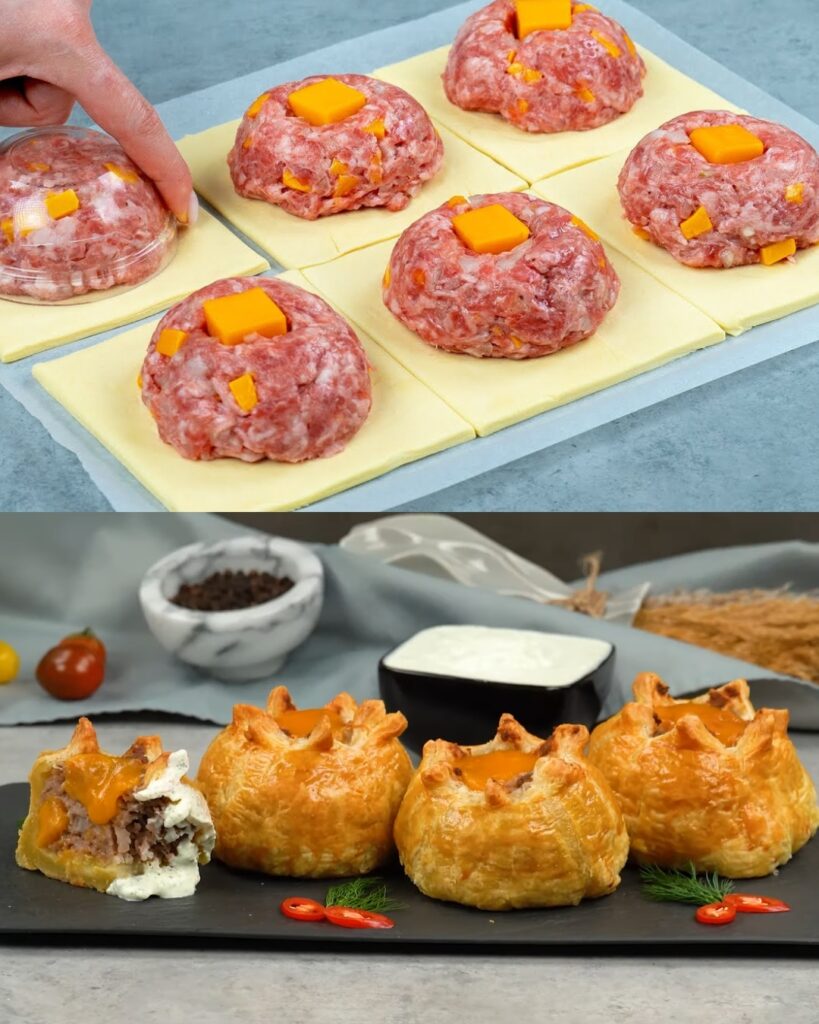 Cheesy Meat-Filled Puff Pastry with Garlic Yogurt Sauce