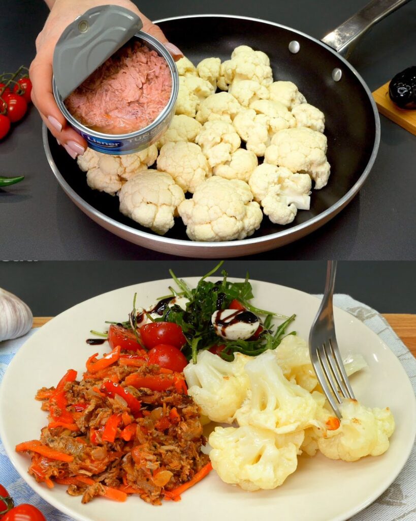Cheesy Cauliflower and Tuna Bake with Fresh Arugula Salad