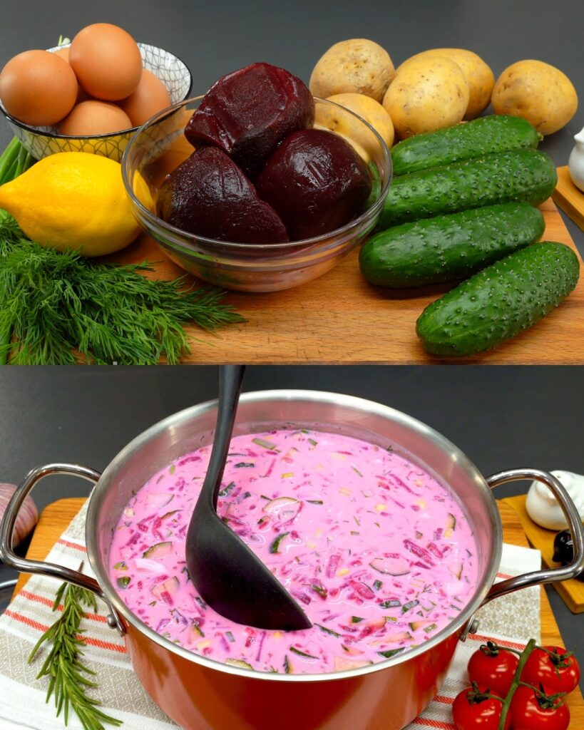 Chilled Beet and Kefir Soup with Baked Potatoes