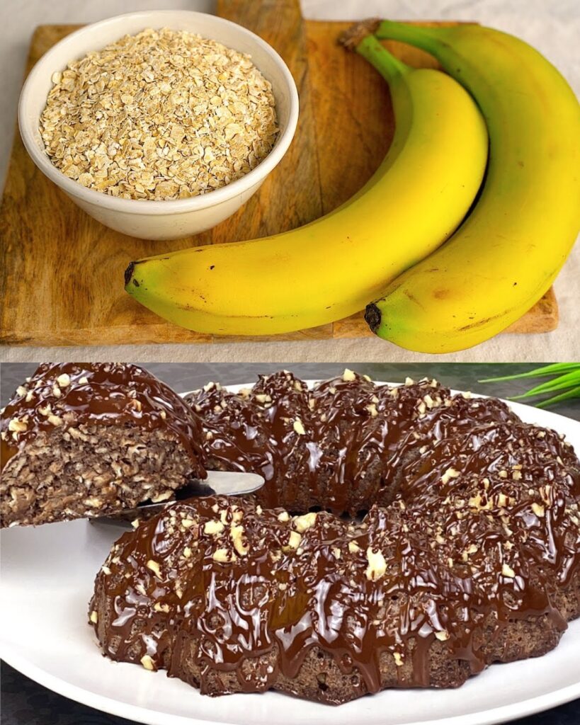 Banana Cocoa Oatmeal Cake with Walnuts and Chocolate Drizzle