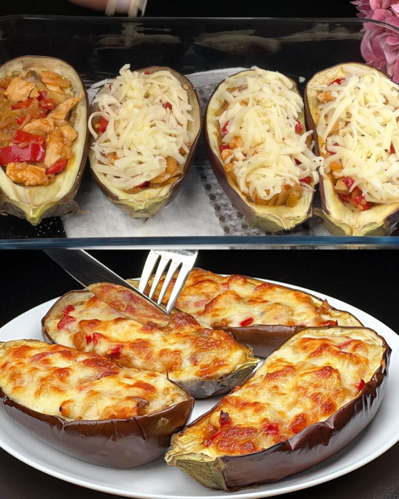 Cheesy Chicken & Mushroom Stuffed Eggplants