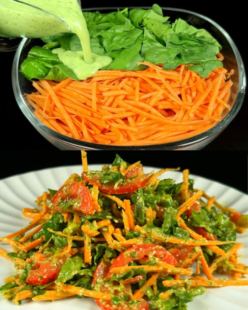 Sweet Potato and Spinach Salad with Creamy Avocado Dressing finished dish