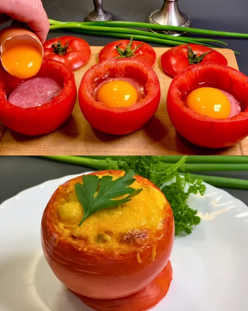 Baked Stuffed Tomatoes with Mozzarella and Servelat