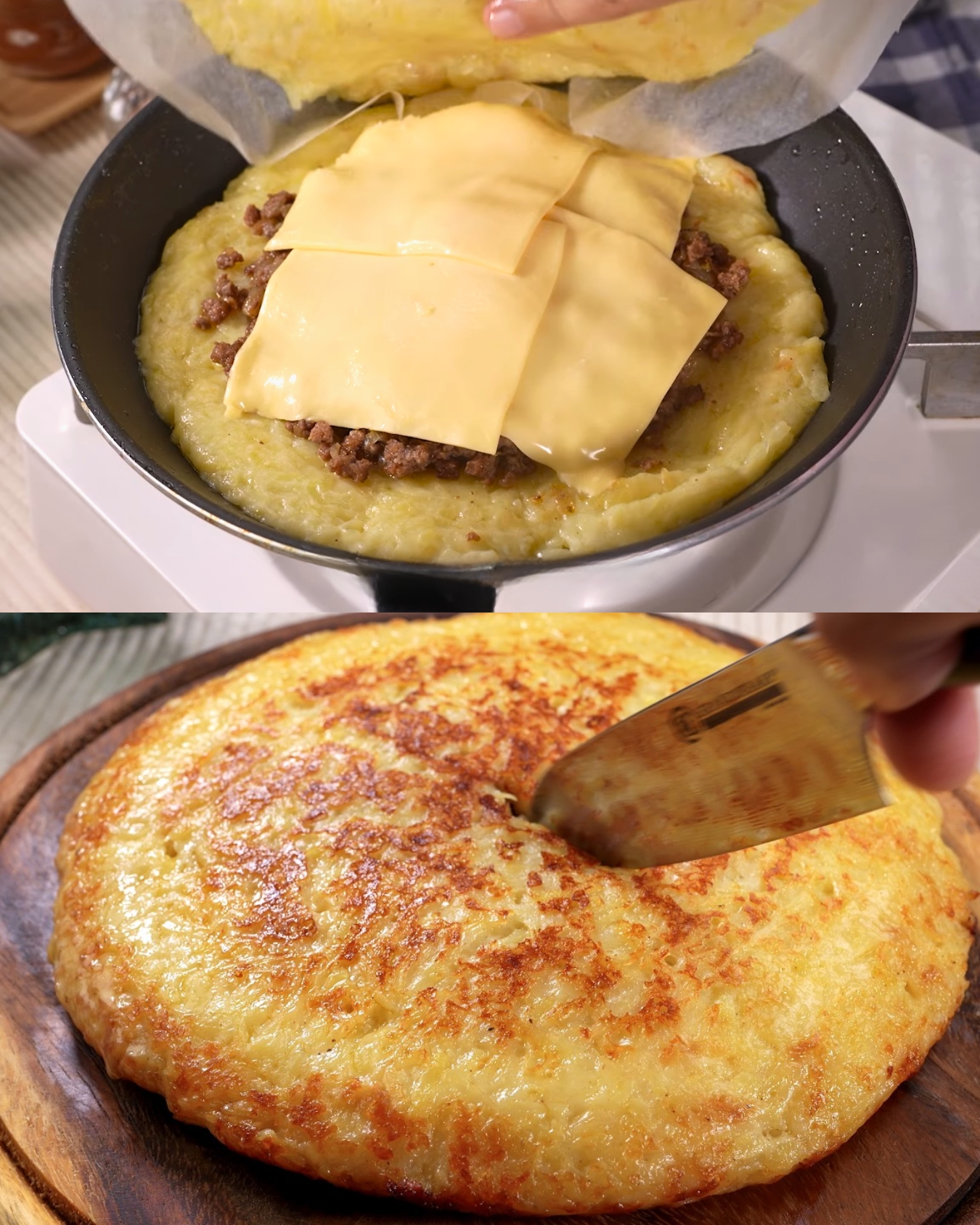 Cheesy Minced Meat Patties with Fried Potatoes and Bacon