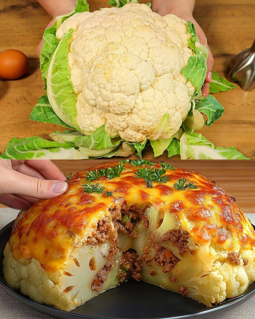 Stuffed Baked Cauliflower with Minced Meat and Cheese