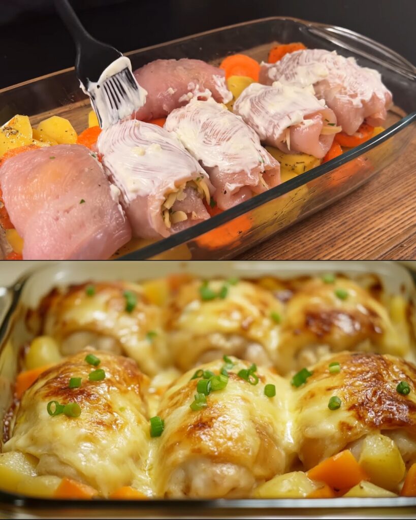 Cheesy Baked Chicken with Vegetables & Garlic Sauce