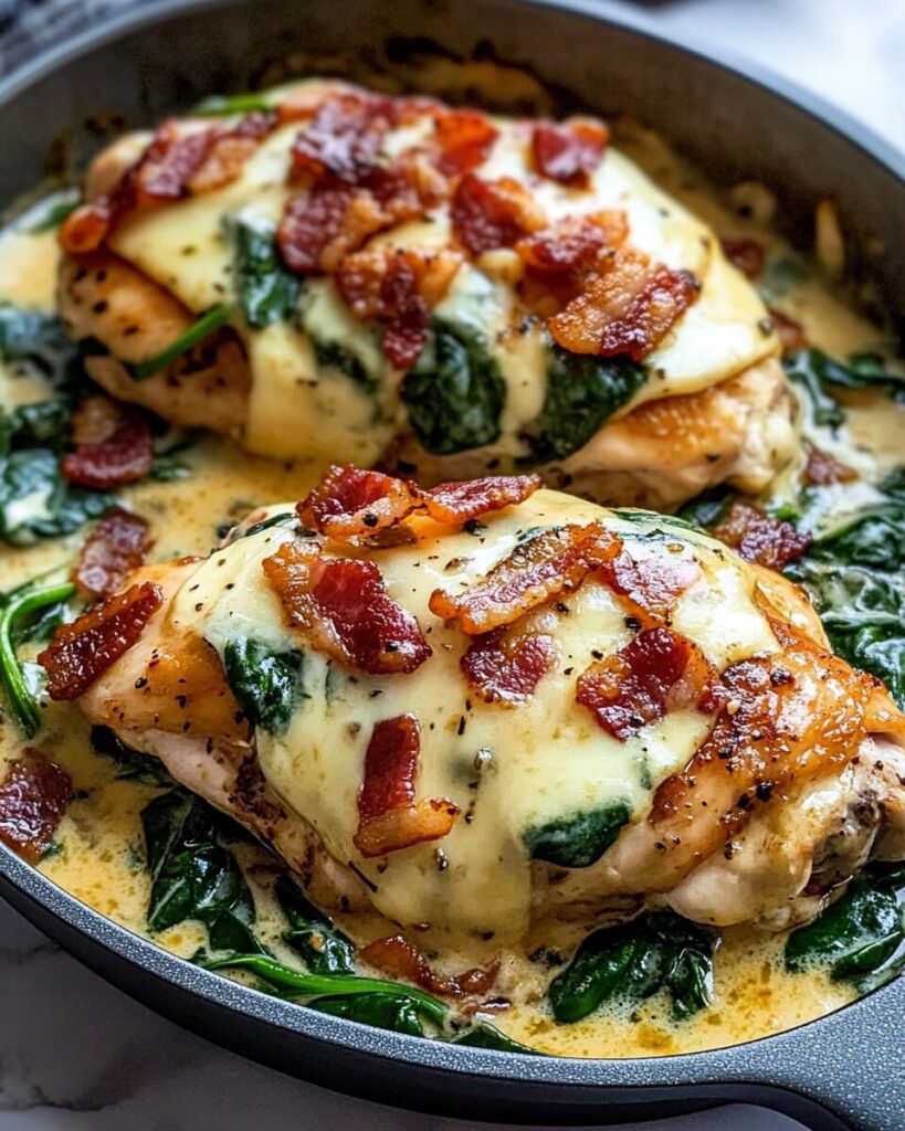 Cheesy Smothered Chicken with Bacon & Spinach