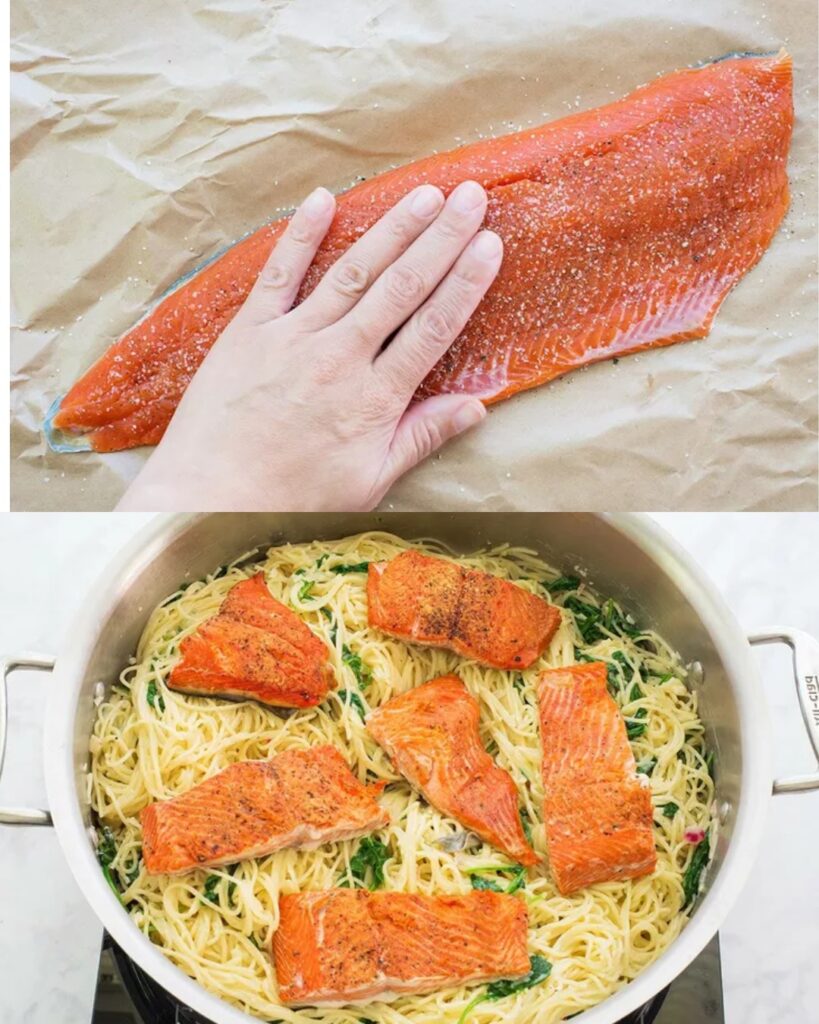 Salmon with Angel Hair Pasta in Lemon Garlic Cream Sauce