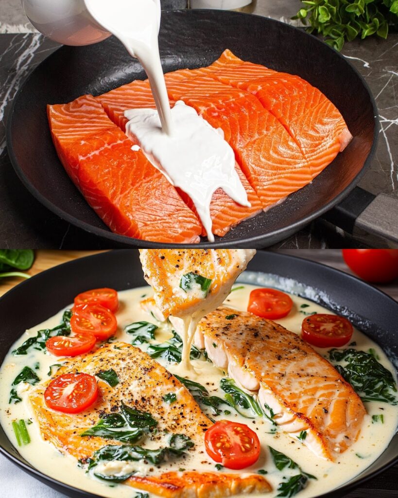 Salmon with Creamy Spinach and Parmesan Sauce finished dish
