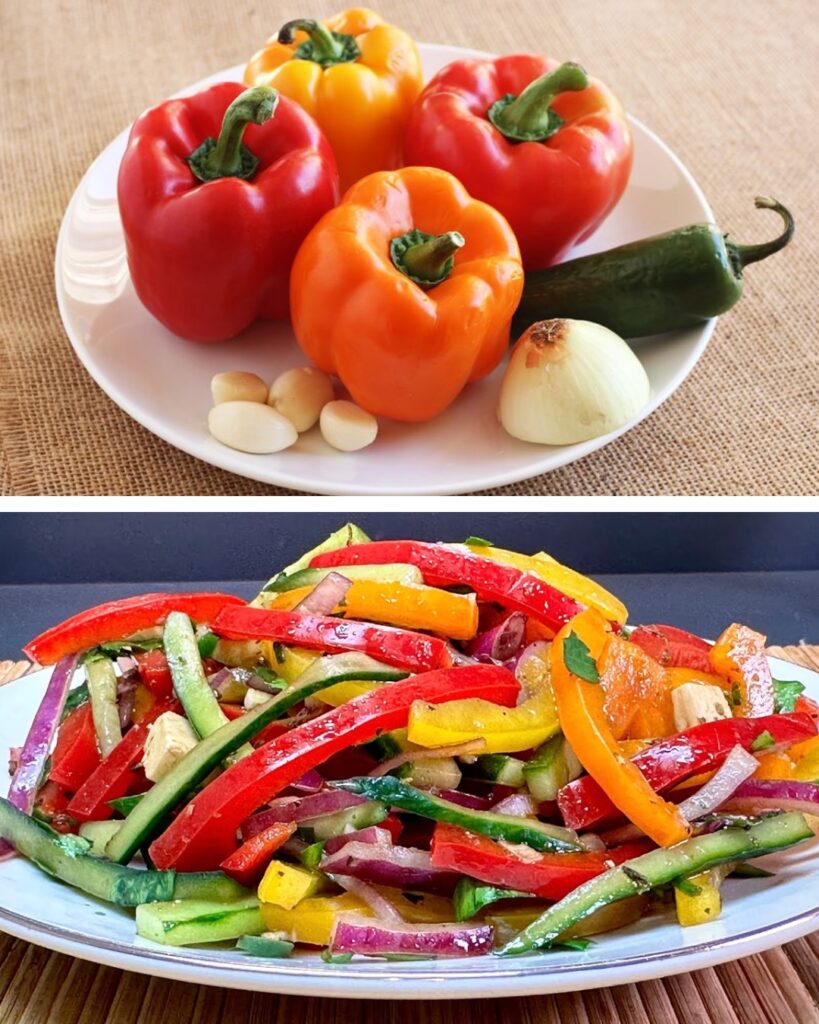 Colorful Pepper and Cucumber Salad with Feta Cheese and Sesame Dressing