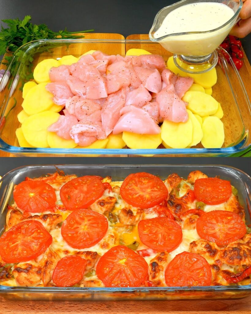 Chicken and Potatoes with Creamy Topping and Fresh Salad finished dish