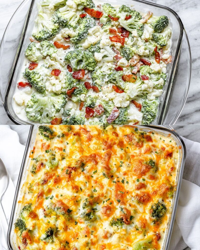 Bacon-Cheddar Cauliflower and Broccoli Casserole