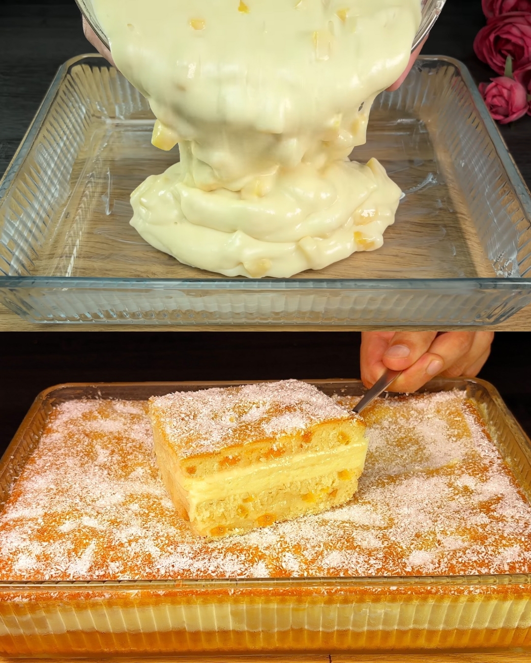 Peach Cake with Lemon Pudding and Coconut