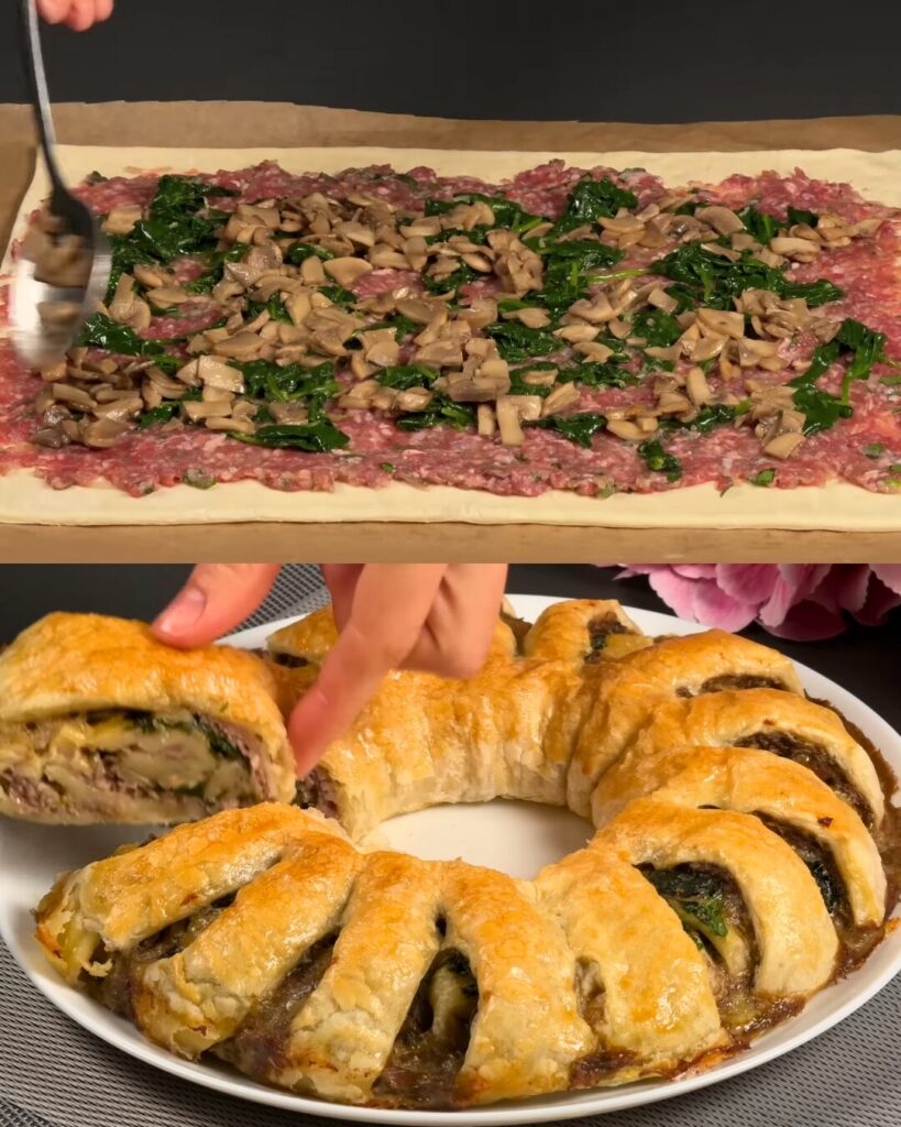 Puff Pastry with Minced Meat, Spinach, and Mushrooms