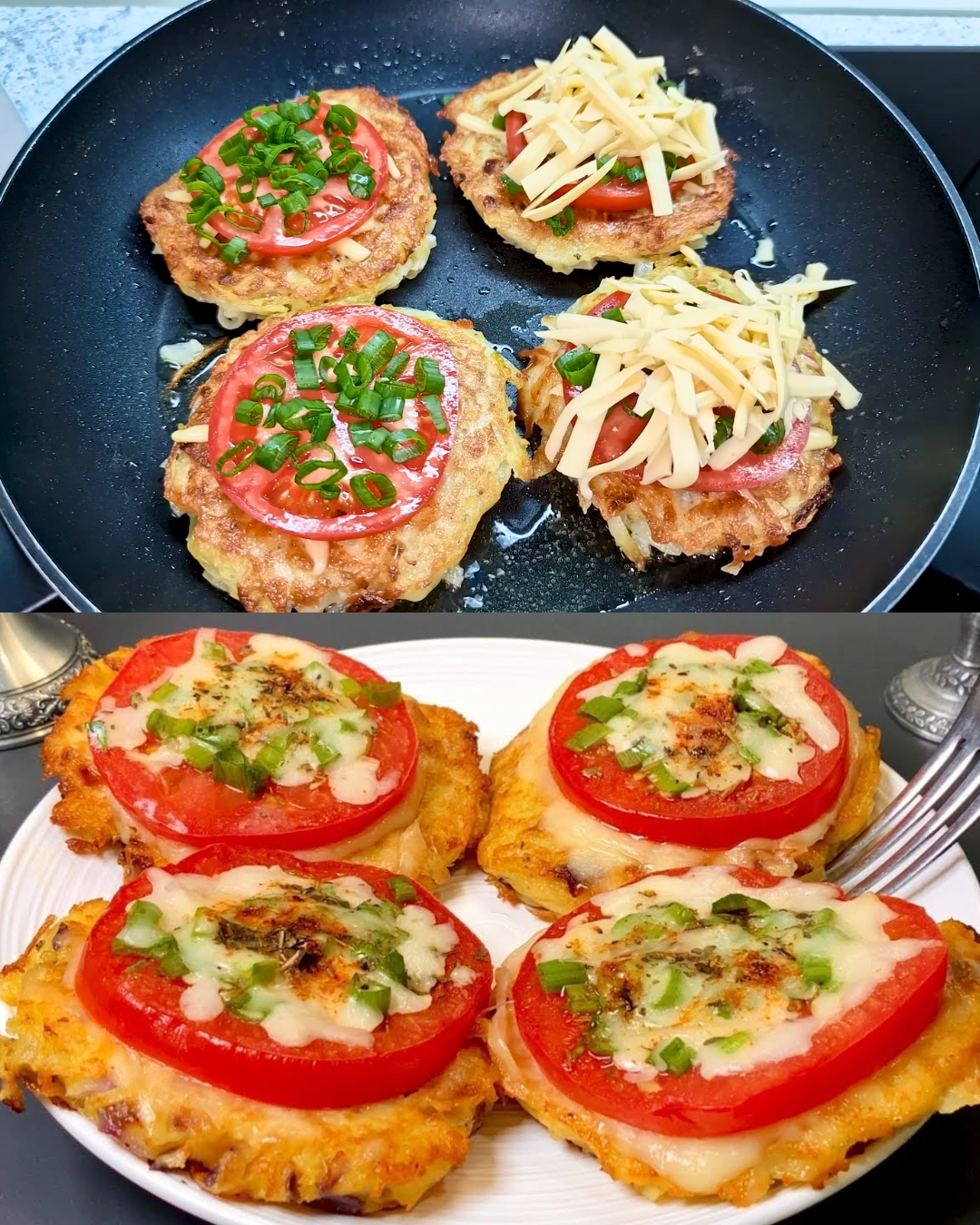 Grated Potato Pancake with Tomato, Cheese, and Onion Leaves