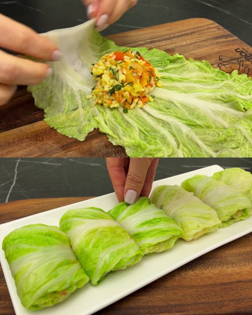 Stuffed Napa Cabbage Rolls with Cheddar and Rice