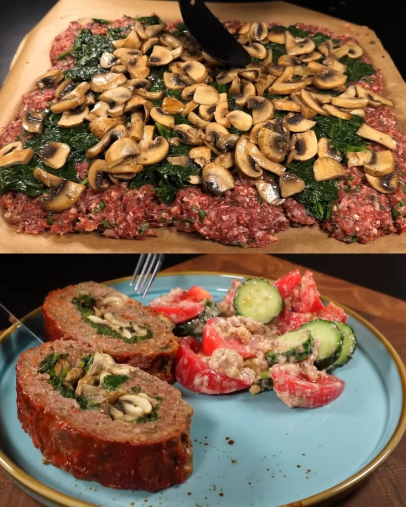 Savory Meatloaf with Spinach and Mushrooms, Topped with Honey Mustard Sauce