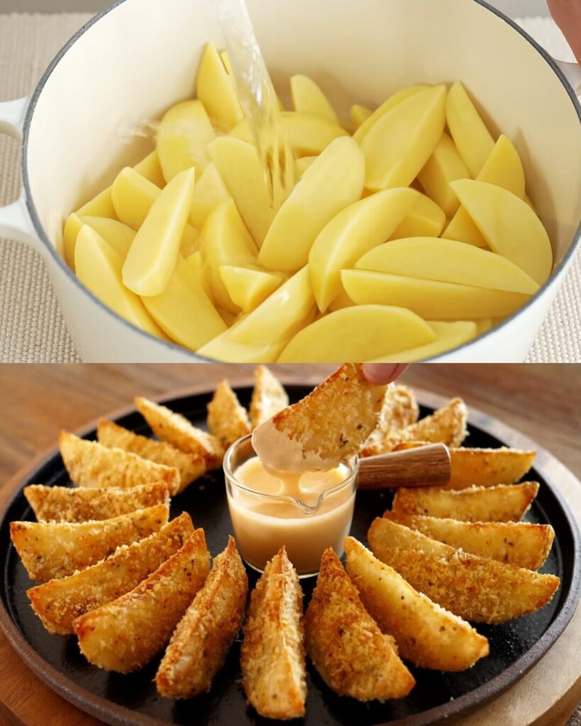 Easy Crispy Parmesan Potato Wedges with Cheese Sauce