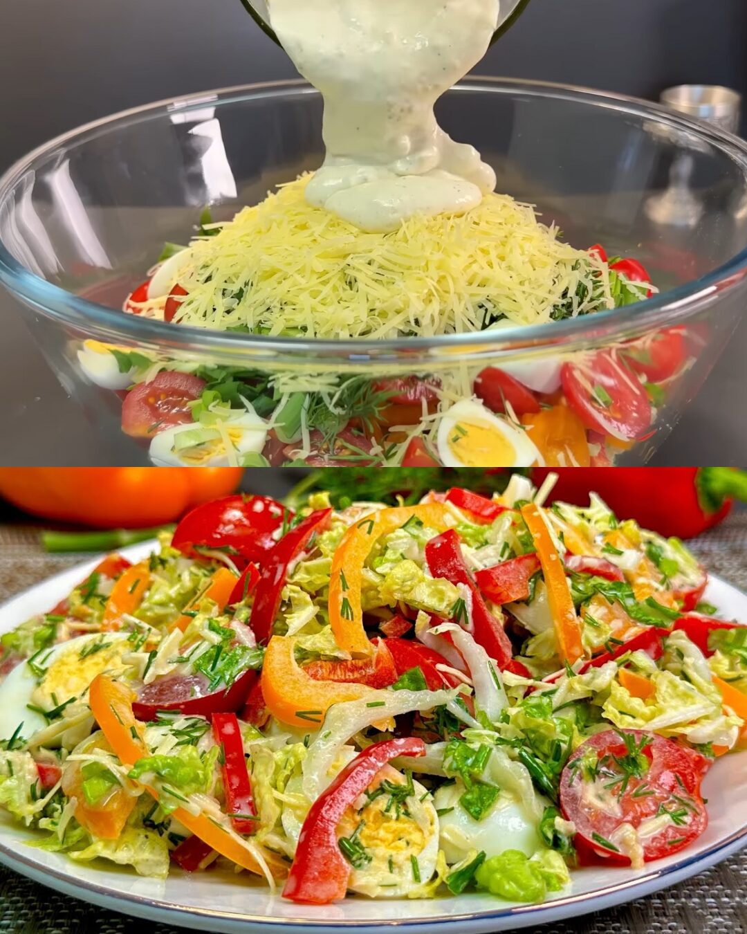 Fresh Chinese Cabbage Salad with Quail Eggs and Creamy Dressing