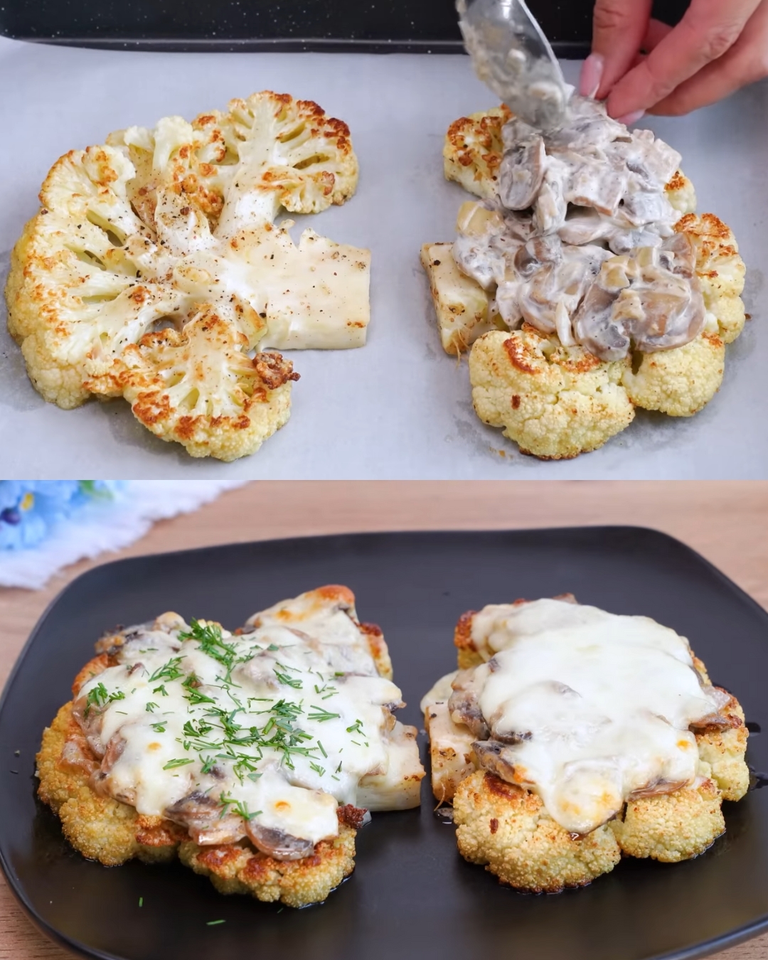 Cauliflower Steaks with Mushrooms and Mozzarella