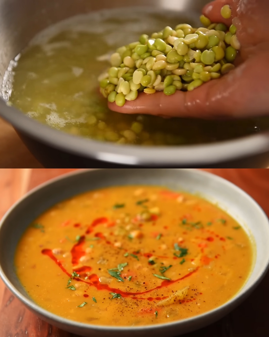 Hearty Split Pea and Chickpea Soup with Chili Oil