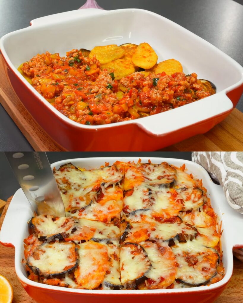 Baked Eggplant and Potato Casserole with Ground Meat and Mozzarella