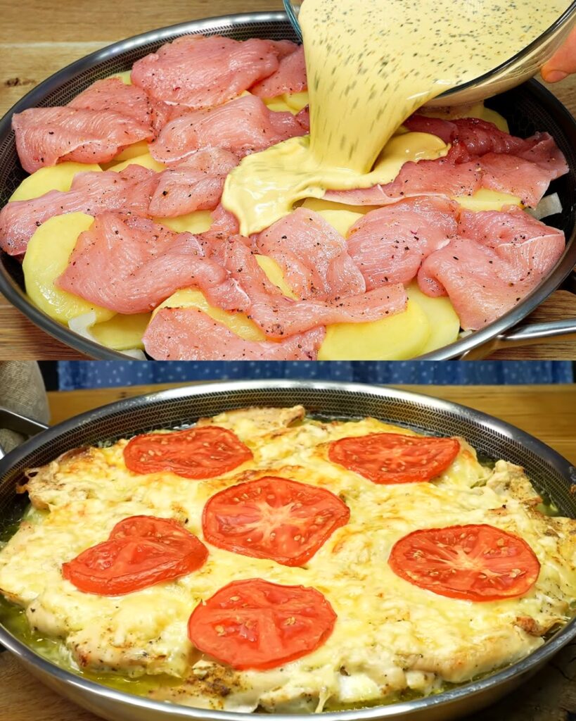 Baked Chicken Fillet with Potatoes and Creamy Emmental Cheese finished dish