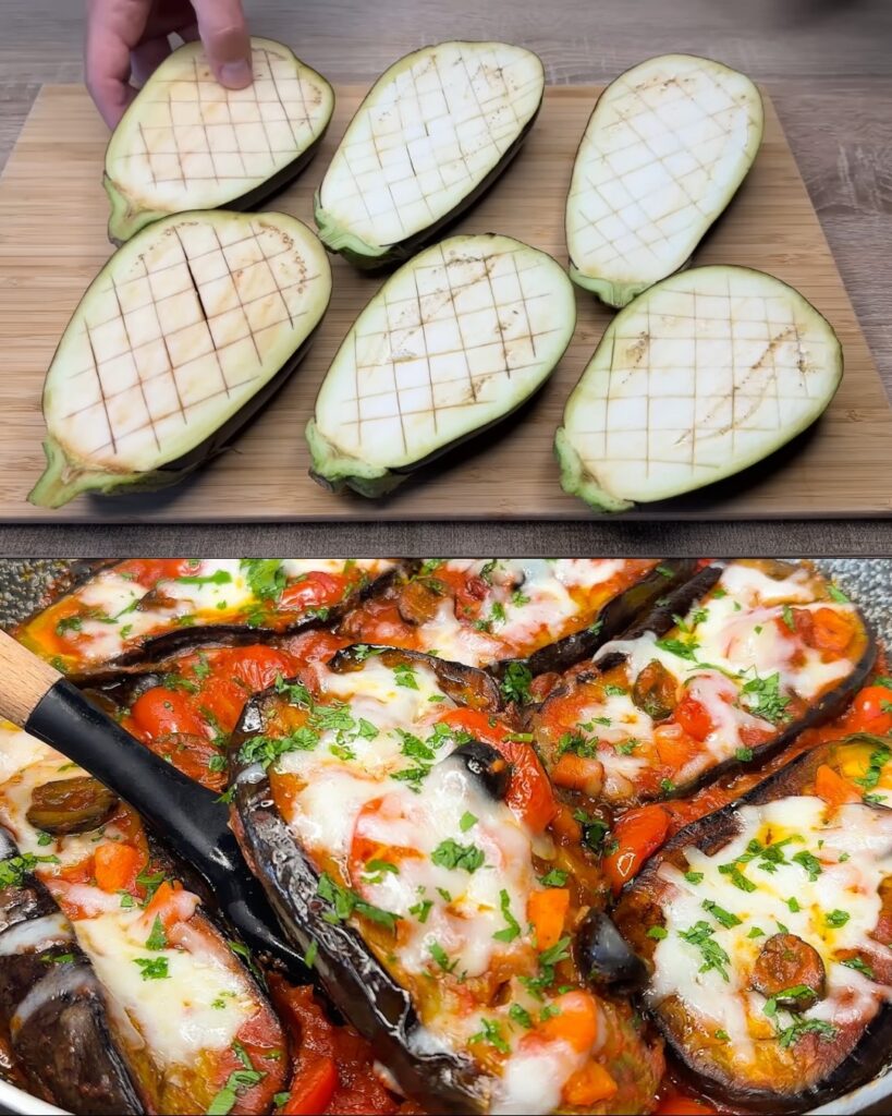 Pan-Fried Aubergines with Tomato, Olives and Cheese