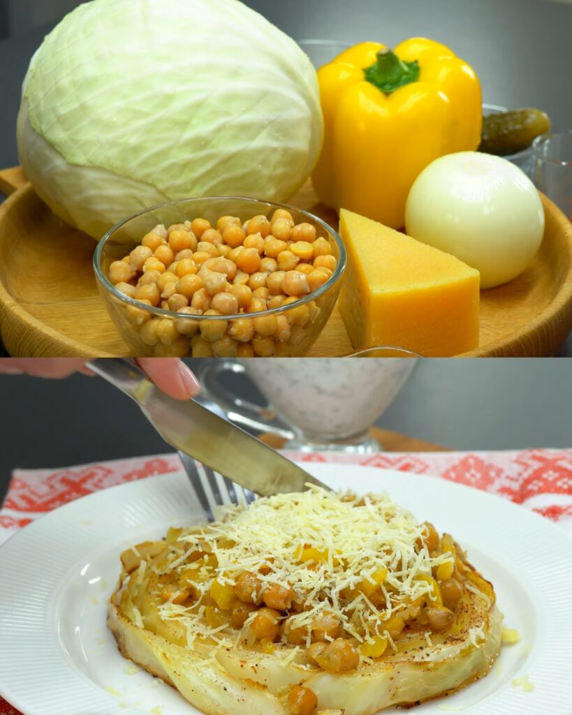 Roasted Cabbage Steaks with Chickpeas and Yogurt Dill Sauce