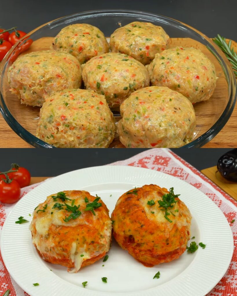 Baked Chicken and Vegetable Patties with Creamy Potato Mash and Tomato Sauce