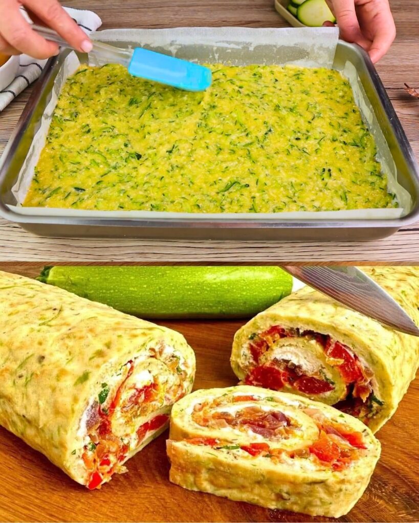 Zucchini Roll with Cheese, Bell Pepper, Onion, and Bacon Filling