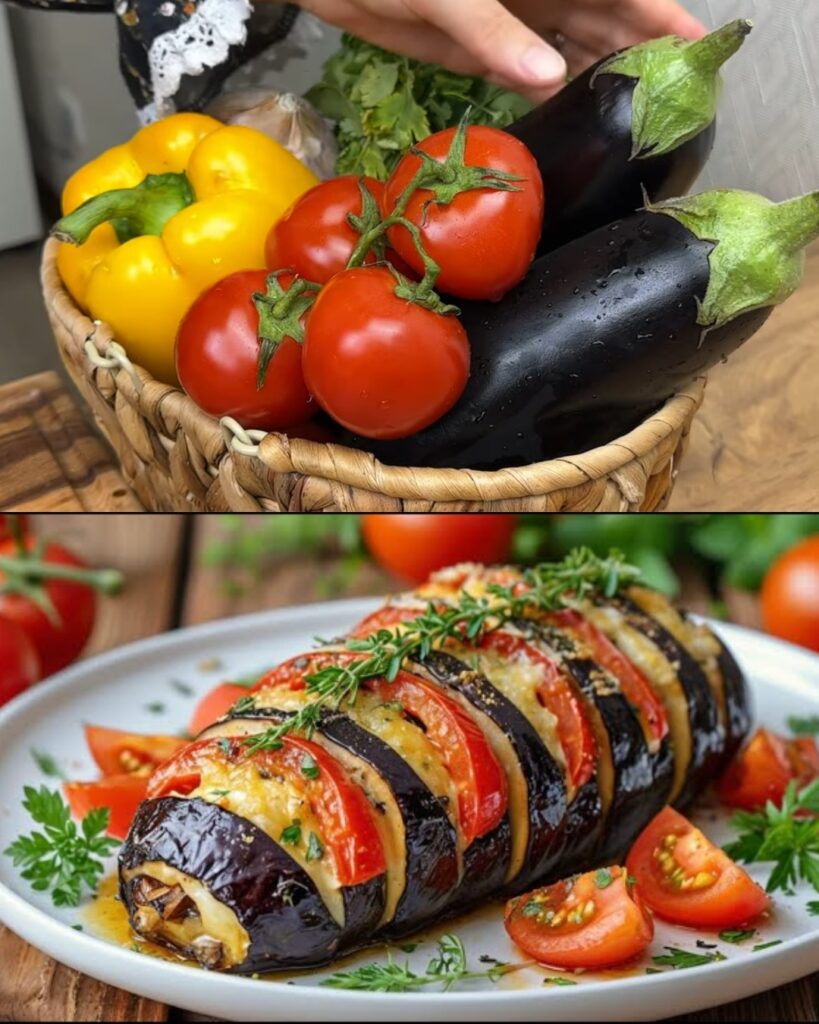 Baked Eggplant with Tomato, Cheese, and Pine Nuts