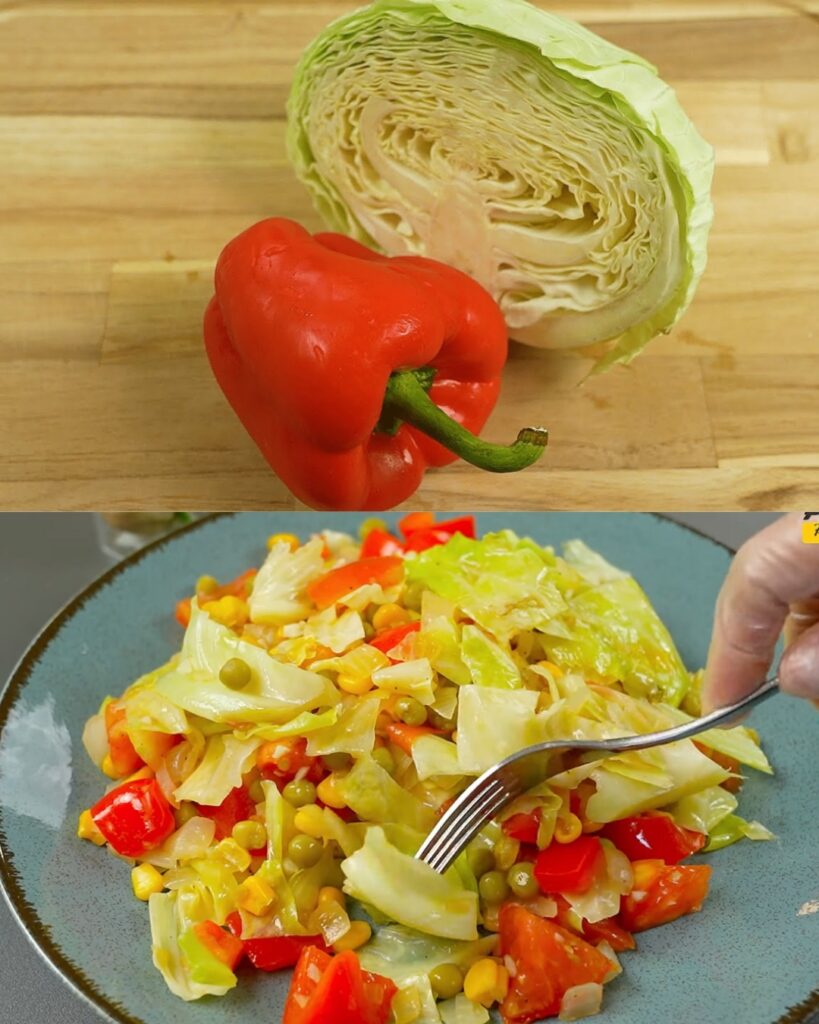 Sautéed Cabbage with Peppers, Corn, and Peas finished dish
