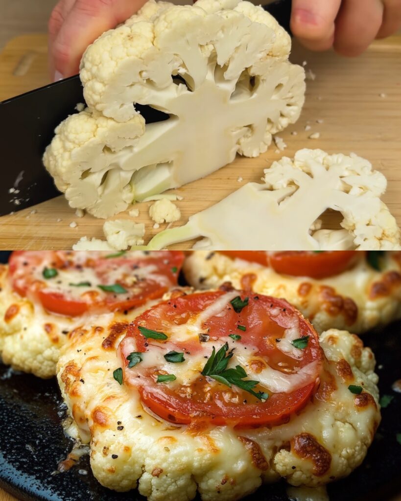 Cheesy Cauliflower Steaks with Sliced Tomato Topping
