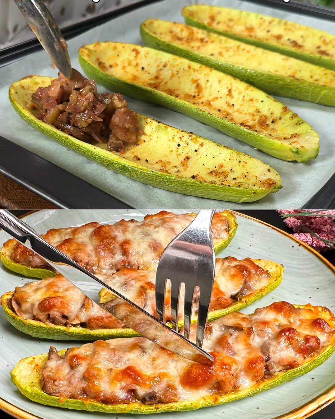 Stuffed Zucchini with Chicken, Mushrooms, and Cheese