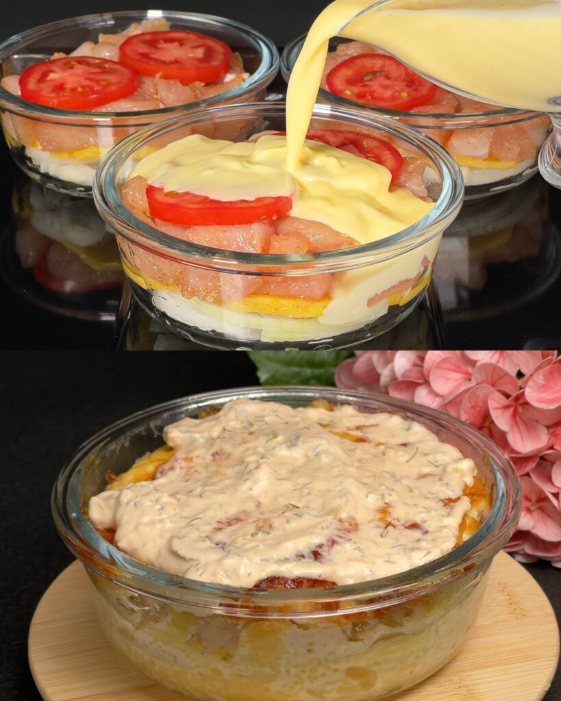 Layered Chicken & Potato Bake with Creamy Garlic-Dill Dressing