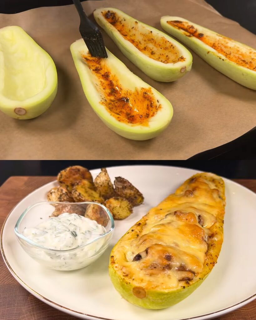 Meat and Mushroom Zucchini Boats