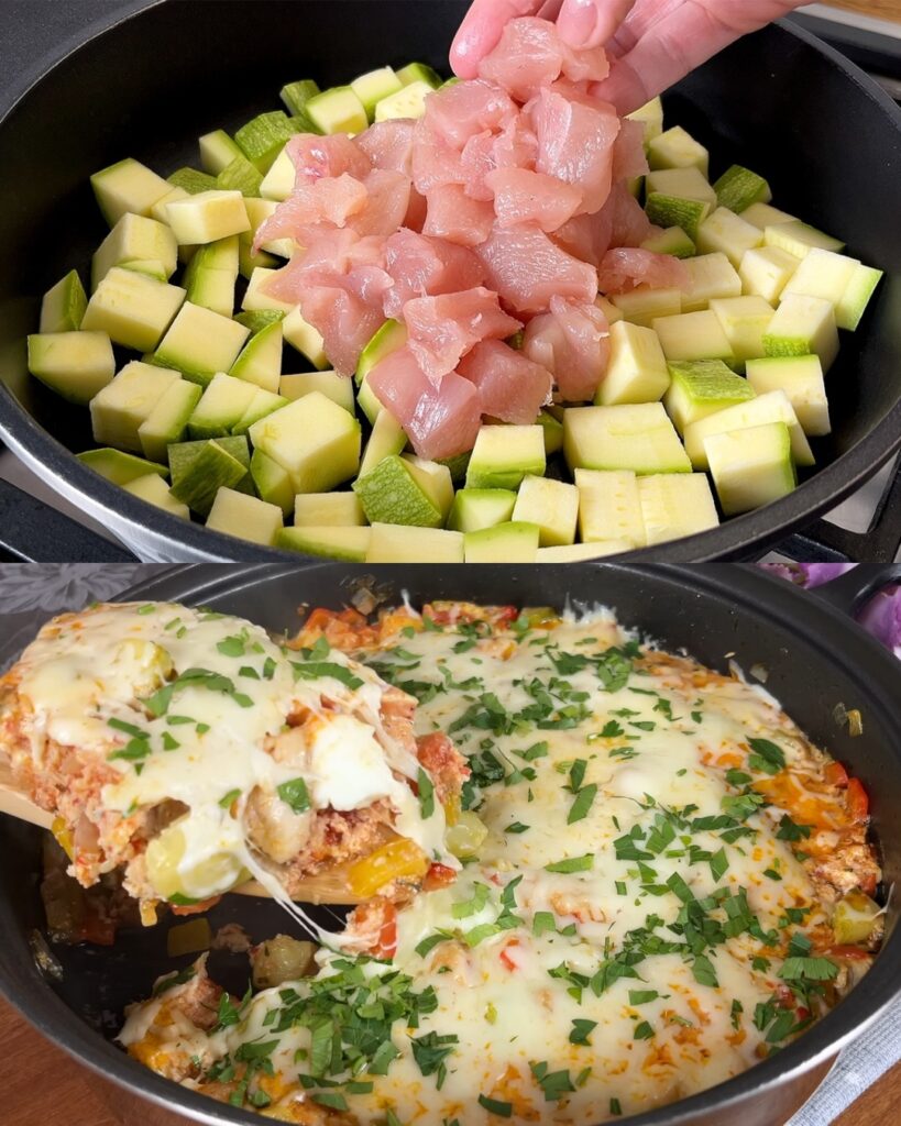 Mediterranean Chicken and Veggie Skillet Bake with Eggs and Cheese
