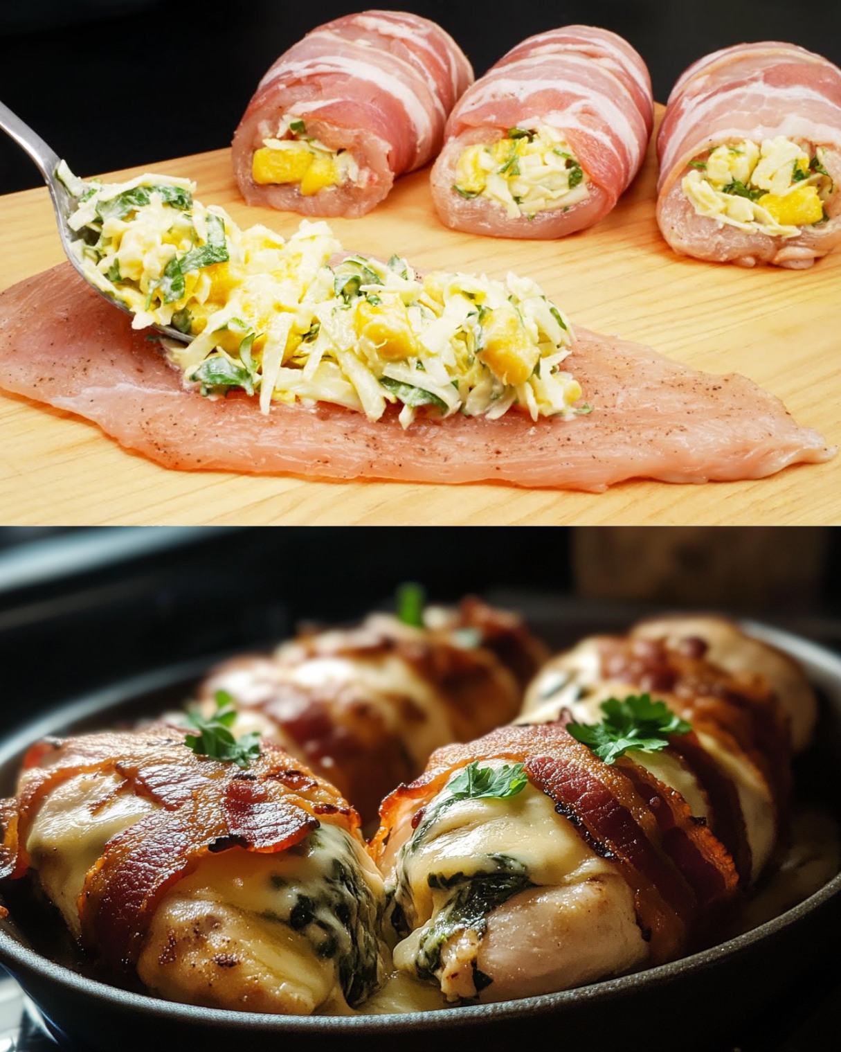 Crazy Crispy Bacon-Wrapped Spinach & Cheese Chicken Rolls