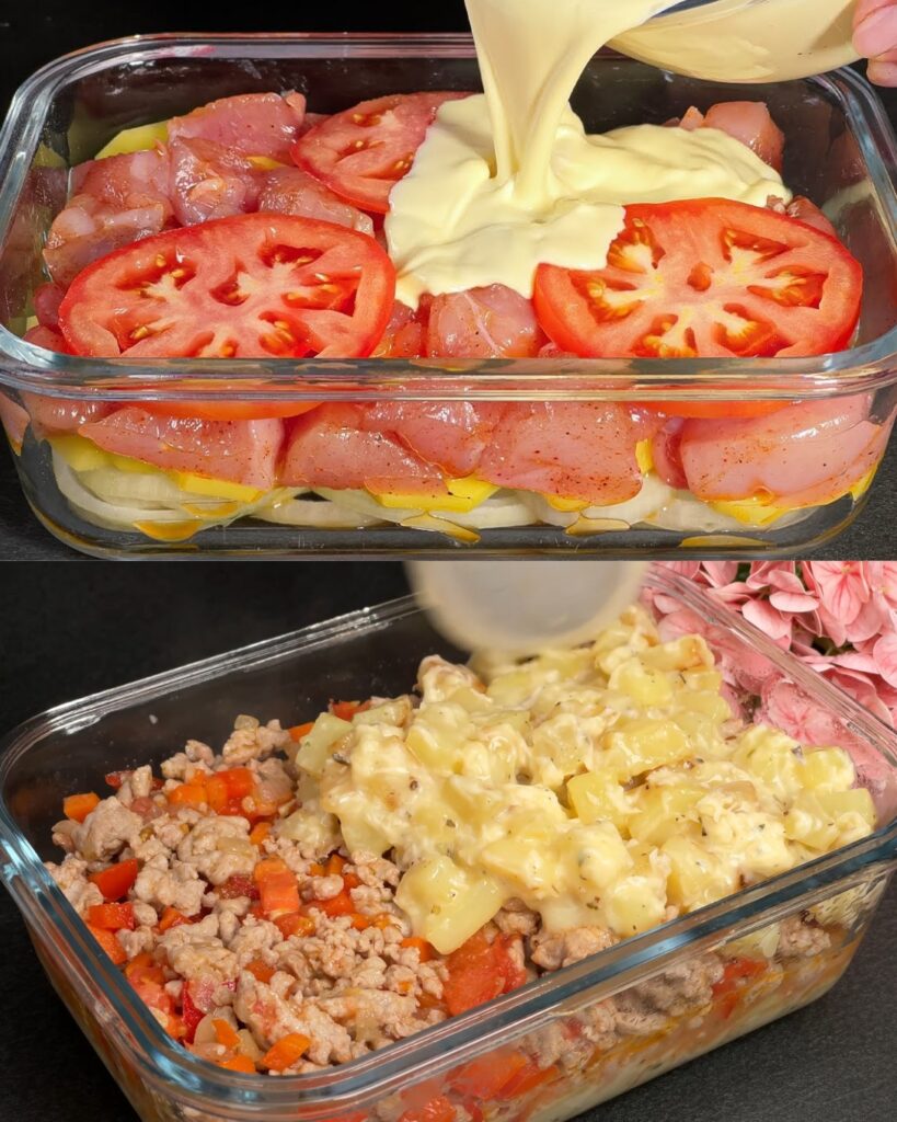 Chicken and Potato Egg‑Cream Bake with Mozzarella, Crispy Salad & Garlic‑Dill Sauce