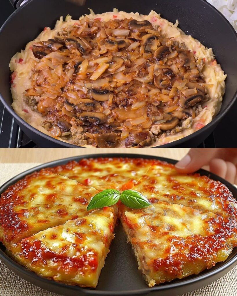 Layered Skillet Potato and Minced Meat Pie with Vegetables and Cheese