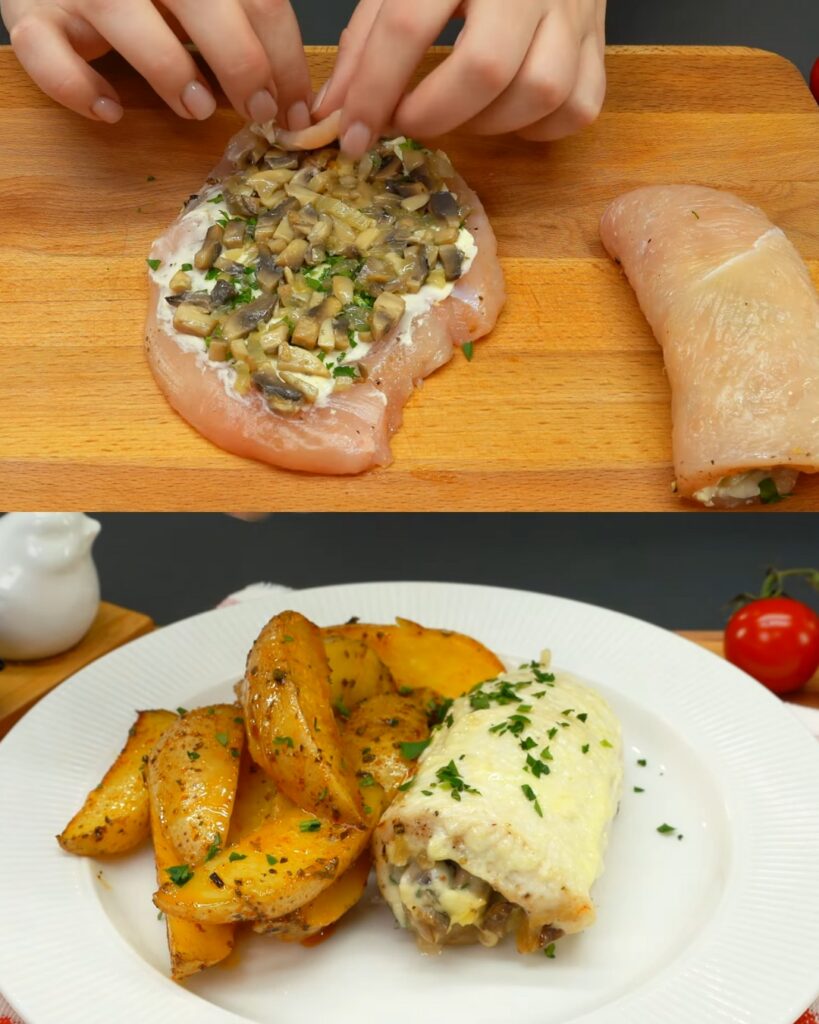 Cheesy Chicken Rolls with Sautéed Mushrooms and Baked Herb Potato Wedges