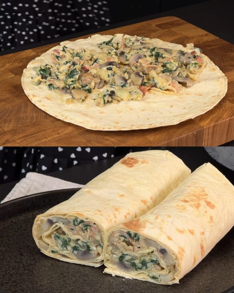 Spinach, Mushroom, and Bacon Breakfast Tortilla Wrap