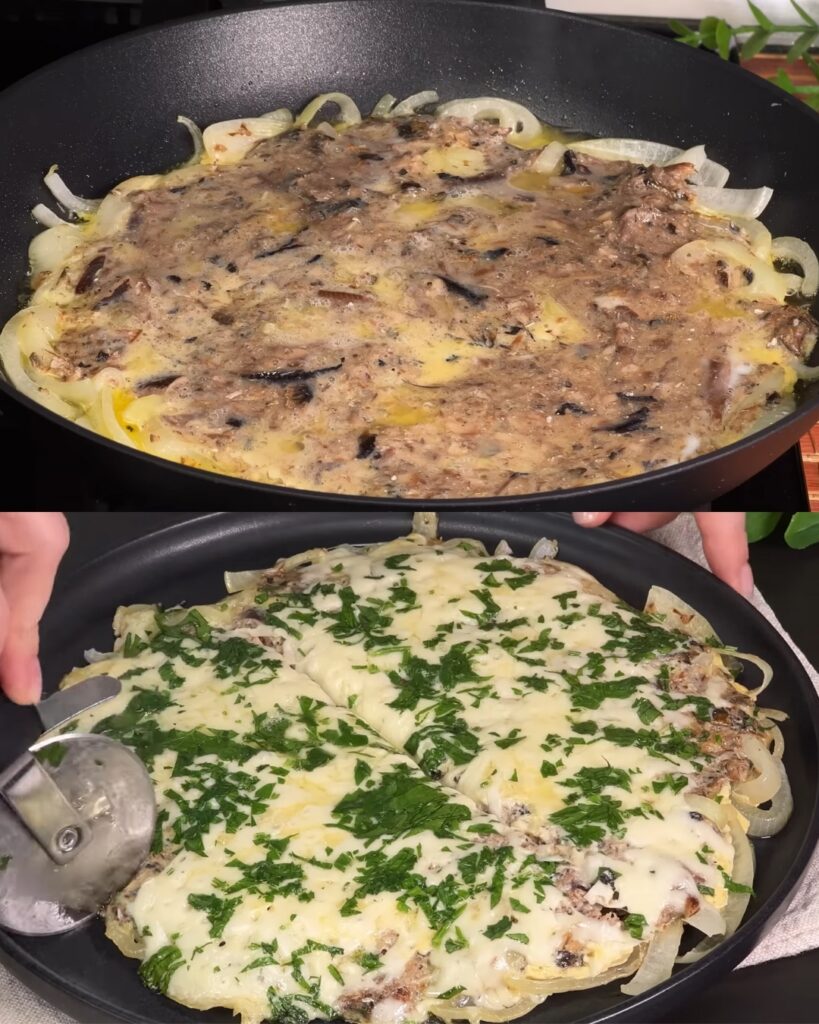 Warm Sardine Egg Skillet with Onions, Mozzarella, and Parsley