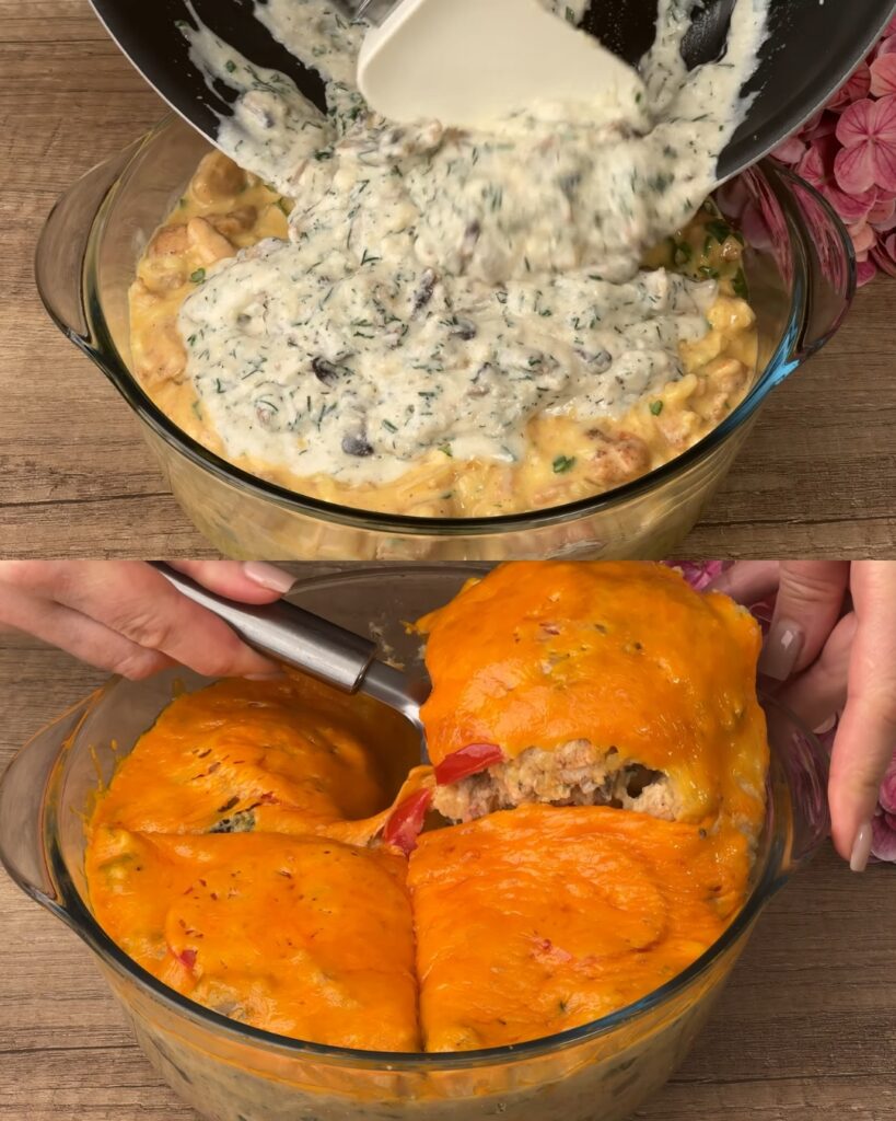 Layered Chicken and Vegetable Casserole with Cheddar and Cream Sauce