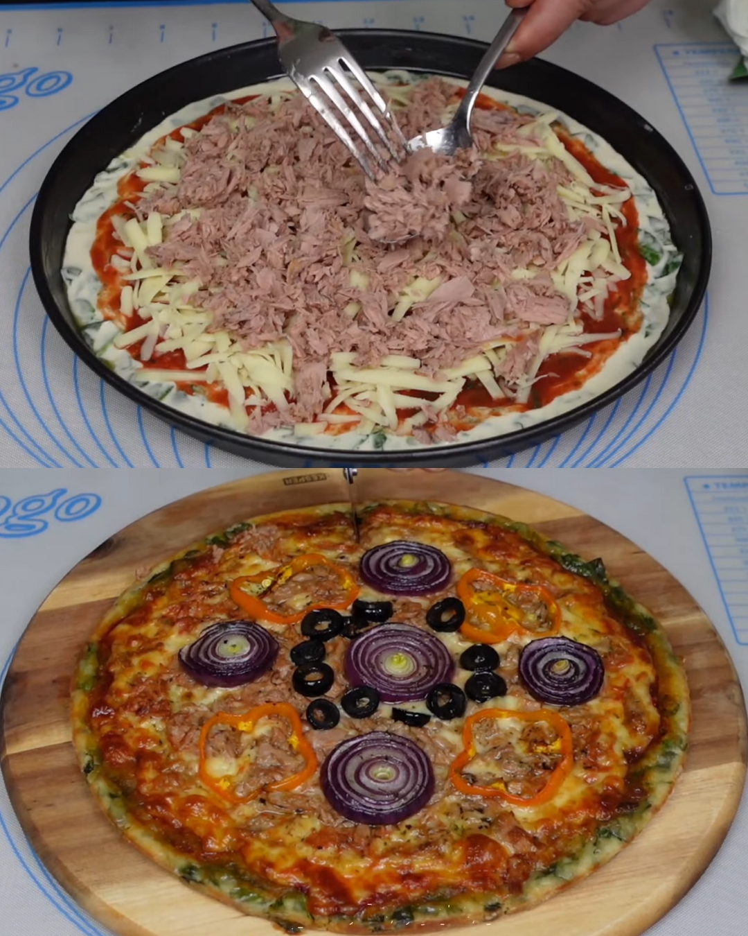 Tuna and Spinach Pizza with Mozzarella and Olives